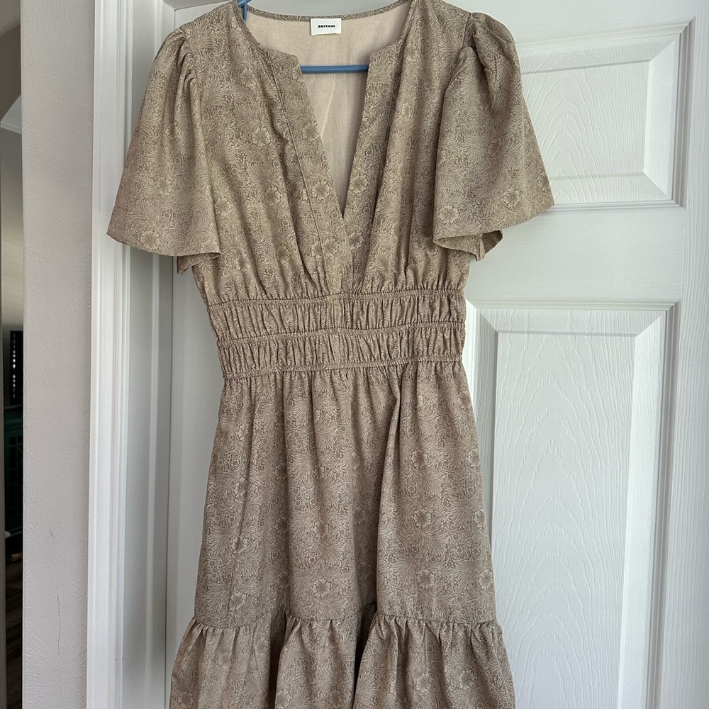 AUREUM Taupe Midi Dress with Gathered Waist